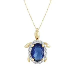 Turtle Pendant for Women –Blue & White Diamond Charm 925 Silver Yellow Plated - Picture 1 of 3