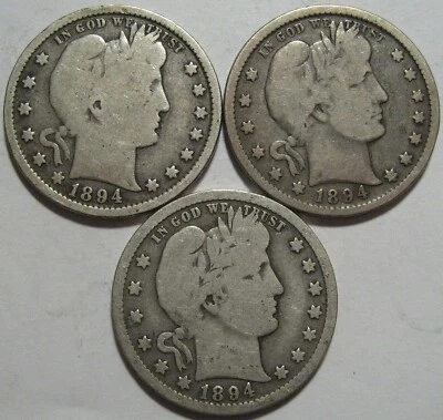 3 MONEDAS = 1894-P O S G/VG BARBER Cuarto, Bonito Original Sin Problemas, Envío GRATIS Foto 1 de 2