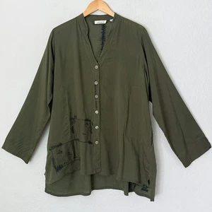 Adverb Embroidered Stitch Button Front Blouse Shirt Top M Olive Green Lagenlook - Picture 1 of 16