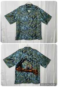 Guy Buffet 100 % Seide Herren XL Blau Grün mit Vögeln auf der Rückseite Knopfleiste S/S - Bild 1 von 19