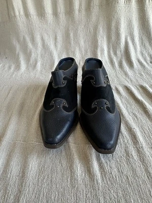 Западный синий кожи и замши мулы поскользнуться на загрузки стиль латуни заклепки женщин размер 8 - Изображение 1 из 4