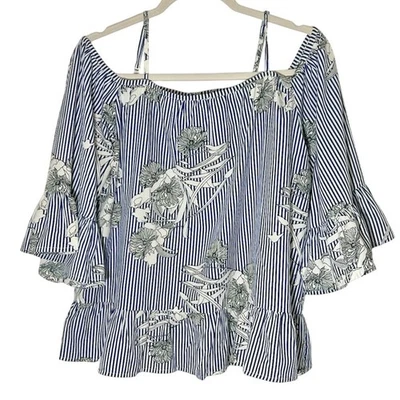 Blusa para mujer BOHO L azul a rayas floral fuera del hombro volantes manga campana top Foto 1 de 4