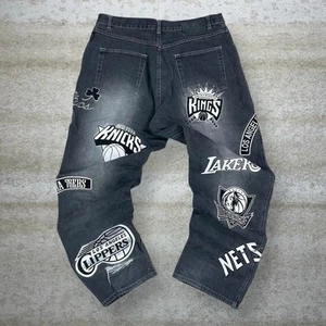 Vintage Skater Wide Leg Jeans 36x32 NBA UNK Grey Wash Baggy Denim Rap Style Y2K - Bild 1 von 9