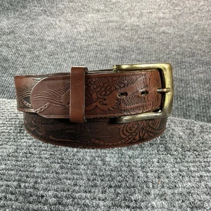 Tooled Leather Western Belt Phoenix Eagle Motif Brass Buckle Brown 1.5” Sz 34–38 - Picture 1 of 14