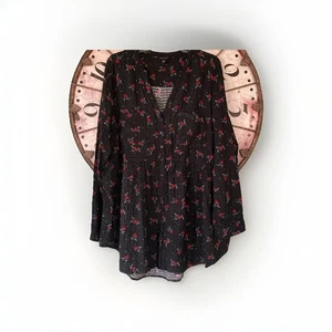 Top Babydoll Torrid 2X Emma Negro Flor Ditsy Manga Larga Gasa Arrugada - Imagen 1 de 7