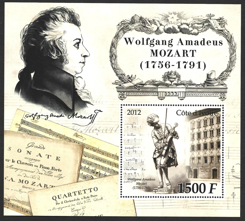 Ivory Coast 2012. Music. Composers. Wolfgang  Amadeus Mozart. S/S  MNH  - Image 1 of 1