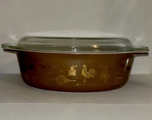 Vintage Pyrex frühe amerikanische ovale Auflaufform #045 2,5 qt mit Deckel braun gold - Bild 1 von 13