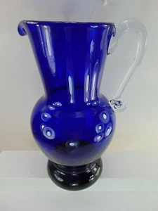 W Wanda Hand Blown Cobalt Blue Glass Pitcher w/ Clear Handle Made in Poland 10" - Picture 1 of 9