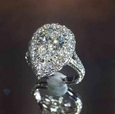 Pavé 4.00 Ct Pear Cut Off White Treated Diamond Ring 925 Sterling Silver - Image 1 of 4