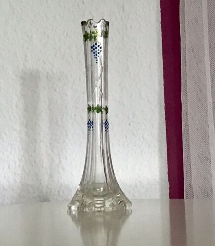 Antik kleinere Vase Väschen Glasvase Glas Emaile-Bemalung kantiger Stand Rand