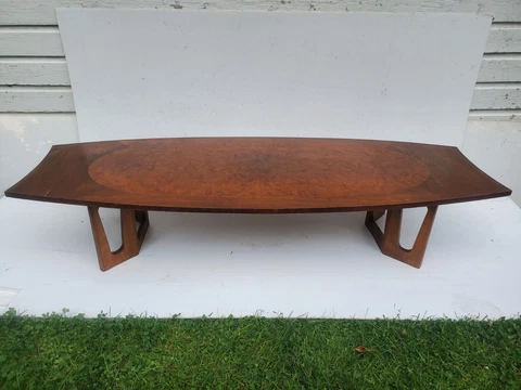 Vtg Mid Century Modern Lane Comet Surfboard Coffee Table 68" Burlwood Walnut Cover