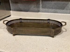 Large Ornate Etched Brass Gallery Tray With Handles Footed