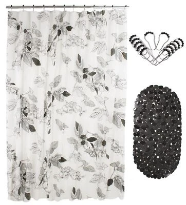 14 Pcs PEVA Shower Curtain Set 72” w/ Anti-Slipping Rubber Mat & 12 Beaded Hooks - Image 1 of 4