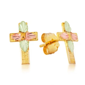 Black Hills Gold Cross Post Earrings with Leaves - Picture 1 of 1