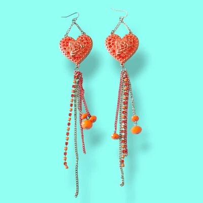 Rustic Destressed Orange Enamel And Rhinestone Heart Long Tassel Chandelier - Image 1 of 4