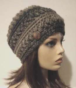 handmade crochet womans button hat beanie wool blend taupe charcoal puffs - Picture 1 of 3