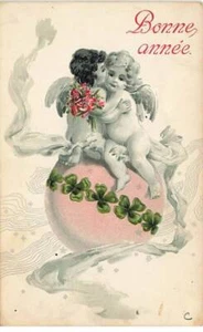 Carte Gaufrée - Bonne Année - Deux anges enlacés sur une boule - Foto 1 di 2
