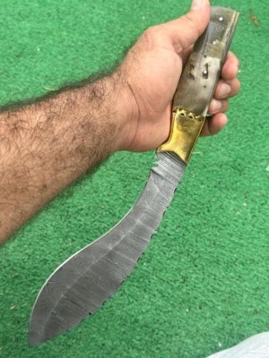16”CUSTOM HANDMADE DAMASCUS STEEL HUNTING KUKRI BOWIE KNIFE RAM HORN HANDLE  EDC - Image 1 of 4