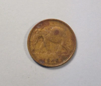 Belgian Congo 1 Franc 1946 Brass World Coin KM26 Africa Elephant Animal African - Image 1 of 2