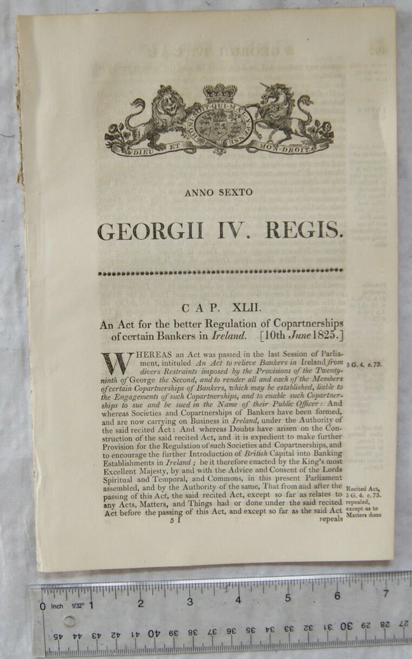 1825 Act of Parliament: copartnerships of bankers in Ireland - Image 1 of 1