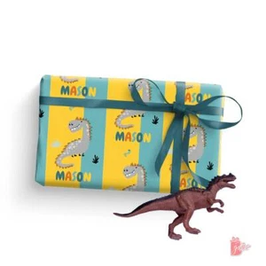 Customizable Grey Dinosaur Gift Wrapping Paper Name Personalized Party Gift Wrap - Picture 1 of 4
