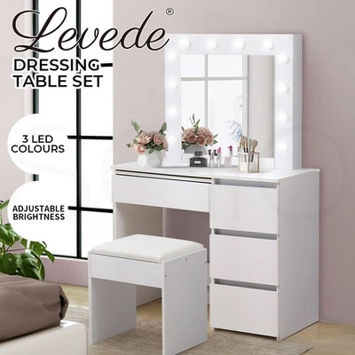 Levede Vanity Makeup Dressing Table White with Led  Light Mirror Drawer PU Stool - Image 1 of 4