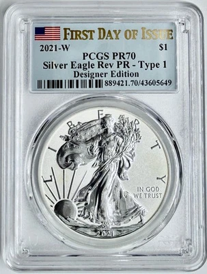 2021-W Reverse Proof $1 Type 1 American Silver Eagle PCGS PR70 FDOI Flag Label - Image 1 of 2