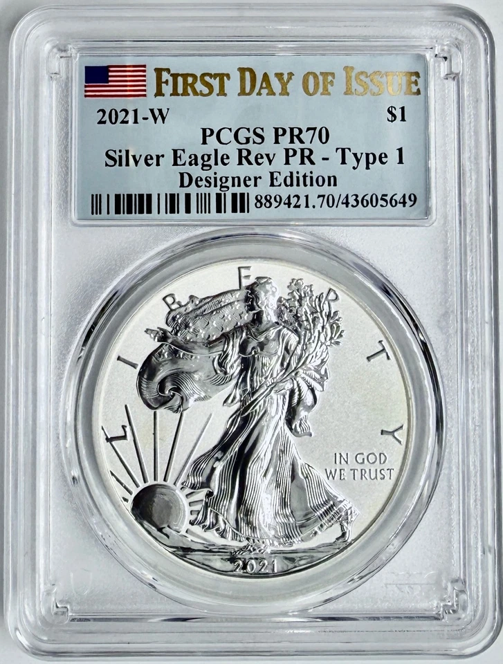 2021-W Reverse Proof $1 Type 1 American Silver Eagle PCGS PR70 FDOI Flag Label - Image 1 of 2