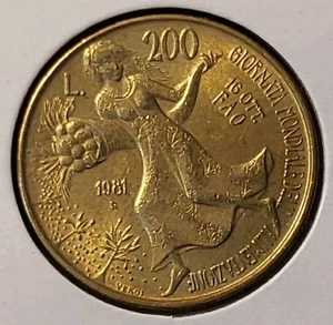 1981 R Italy 200 Lire Coin FAO World Food Day Villa Lubin Cornucopia Free Ship - Picture 1 of 4