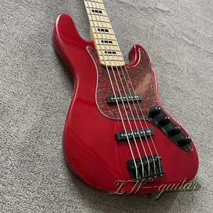Factory Vintage Red 5-string Jazz Electric Bass Guitar with Active Pickups - Picture 1 of 14