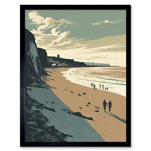 Menschen zu Fuß am Filey Beach Küste Illustration gerahmtes Kunstbild Druck 9 x 7 Zoll - Bild 1 von 25