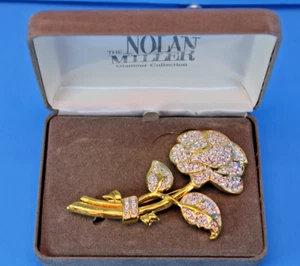 Vtg Nolan Miller Glamour Collection Gold LOVE Rose Rhinestone Brooch Box COA 4" - Picture 1 of 5