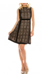 Adrianna Papell Crew Neck Banded Zipper Back Lace Jersey Dress Black Size 6 3454 - Picture 1 of 3