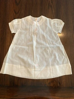 Antique Victorian White Linen Baby dress 6 month pintucks pink Hand embroidery  - Image 1 of 4