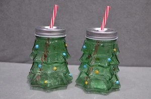 2x Christmas Tree Mason Jar One Pint 20oz Glass With Screw Lid & Straw Brand New - Picture 1 of 10