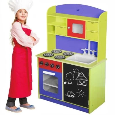 Cucina Legno Giocattolo per Bambini con Anta e Cassetti Lavagna Multicolore - Immagine 1 di 4