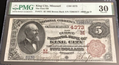 1882-$5BB-the FNB of KING CITY, MO in PMG-30 holder. A nice note for collector. - Image 1 of 4