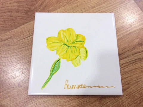 Vintage HAND PAINTED Yellow PRIMROSE Flower Foral TILE (6in x 6in) Cover