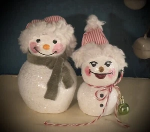 Super Cute 2 PC Set Sparkly Mica Snowman Chalkware One of a kind Folk Art GP - Picture 1 of 24