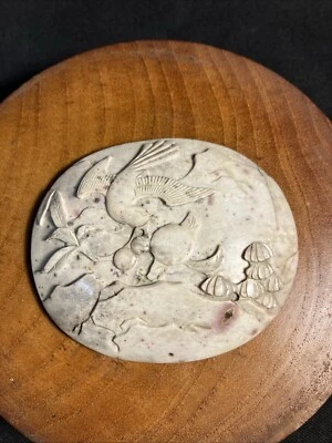 Japanese Bovine Carving, Cookoo, Fruit, Fauna & Mushrooms. Antique.W-3” - Image 1 of 4