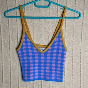 Checkered Crop Knit Shirt Womens Small Blue Festival Urban Outfitters Tank - Picture 1 of 12