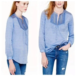 J Crew Damen Bauerntop Latz Stickerei Quaste Ausschnitt Bindedetail Gr. 2 blau - Bild 1 von 12