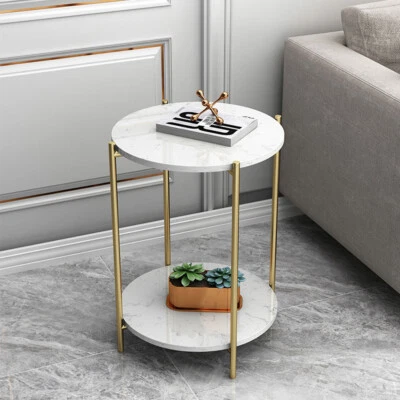 Nordic Round SideTable End Marble Table 2Tier Modern Nightstand W/ Storage Shelf - Image 1 of 4