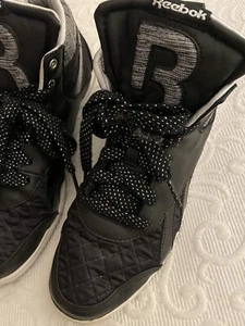 REEBOK Black / Silver Sz 6 Leather Quilted Glitter Lace High Top Trainers - Picture 1 of 8
