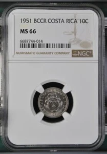 Costa Rica 10 Centimos 1951 BCCR NGC MS 66 - Picture 1 of 2