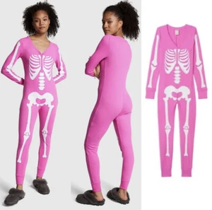 NEW Victoria's Secret PINK Thermal Sleep One Piece Halloween Pink Skeleton SMALL - Picture 1 of 1