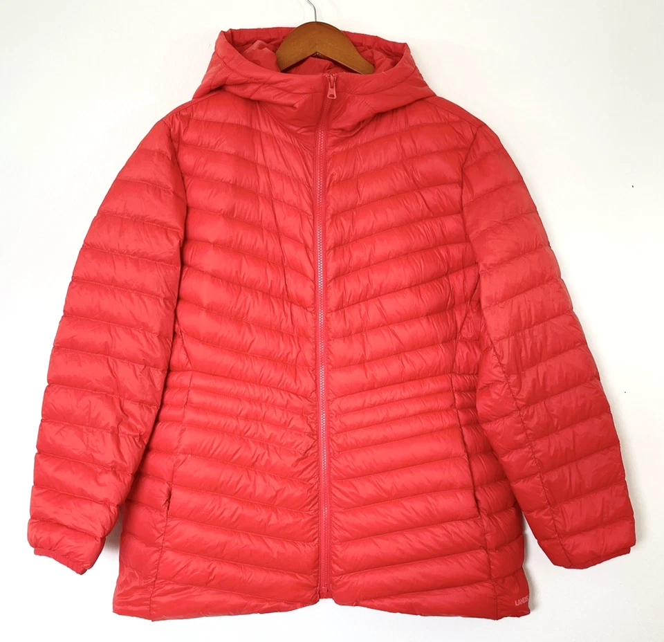 Lands End Womens Wanderweight Packable Down Hooded Jacket Coat Size XLP Orange - Image 1 of 4