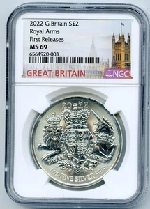2022 2PD GREAT BRITAIN 1OZ SILVER ROYAL ARMS NGC MS69 FIRST RELEASES TOP GRADE - Picture 1 of 2