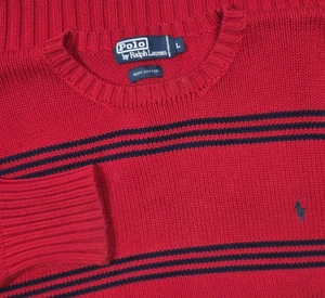 Polo Ralph Lauren Sweater Mens L Red Navy Striped Crewneck Knit Pullover Heavy - Picture 1 of 12