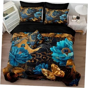 Black Gold Comforter Set Leopard Animal Bedding Set Blue Floral King Brown - Picture 1 of 8